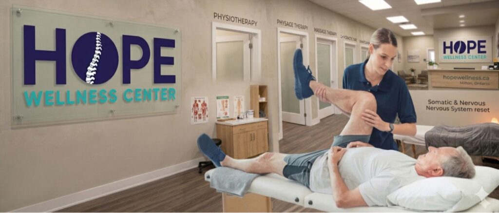 Physiotherapy session at Hope Wellness Centre in Milton featuring a patient receiving a guided mobility assessment.