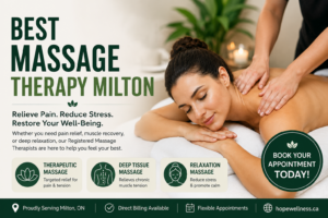 Woman receiving professional massage therapy in Milton, Ontario, highlighting therapeutic massage, deep tissue massage, and relaxation massage services.