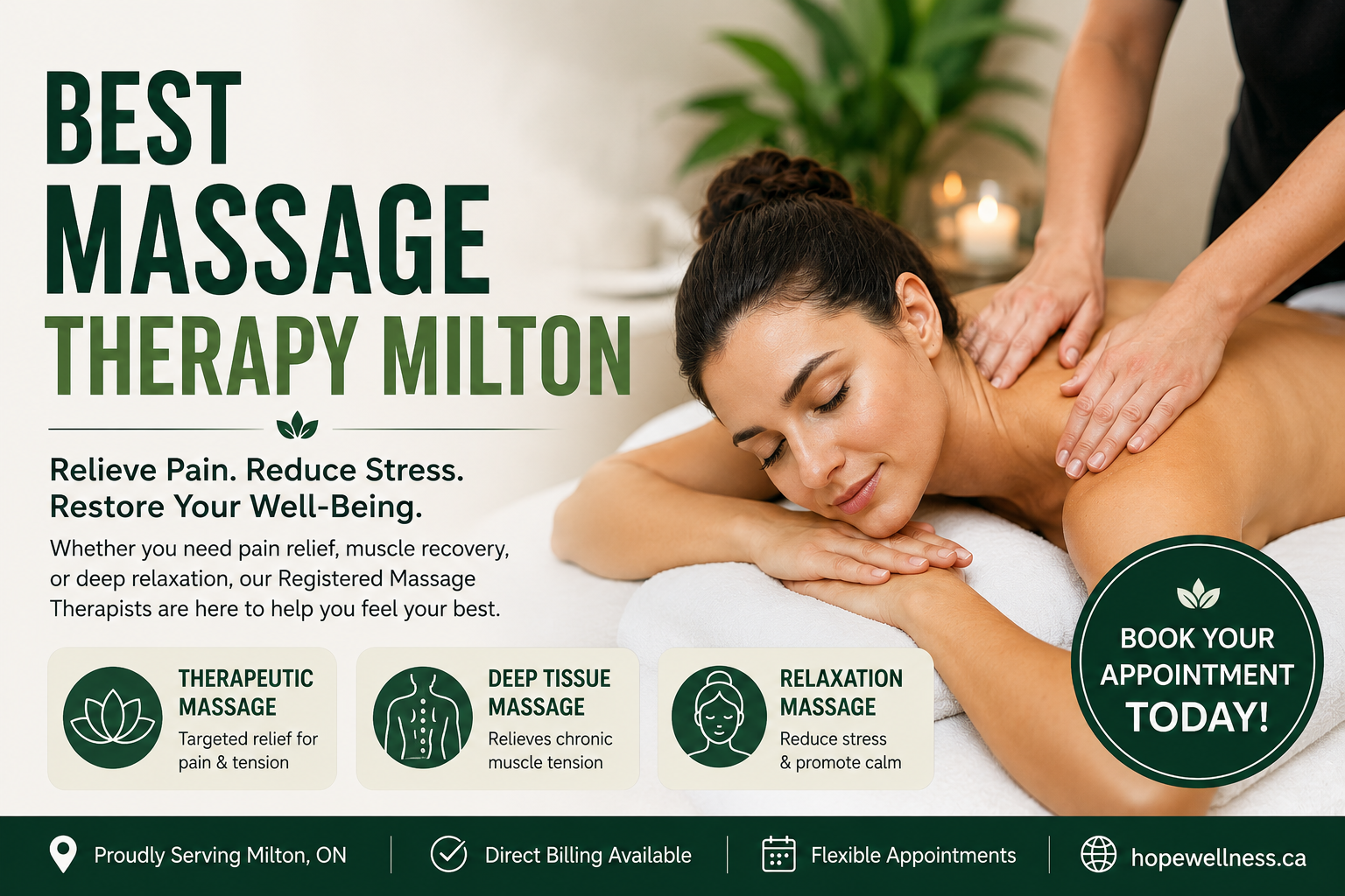 Woman receiving professional massage therapy in Milton, Ontario, highlighting therapeutic massage, deep tissue massage, and relaxation massage services.