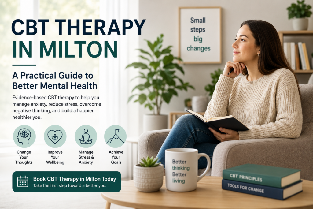 Featured image for CBT Therapy in Milton showing a woman in a therapy setting promoting mental health and Cognitive Behavioural Therapy.