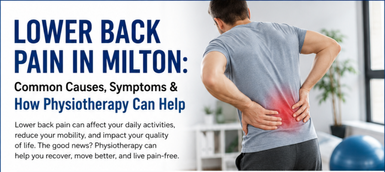 Infographic explaining lower back pain in Milton, including common causes such as muscle strain, poor posture, herniated discs, sciatica, arthritis, and sports injuries, along with symptoms, physiotherapy treatments, and tips to prevent lower back pain.